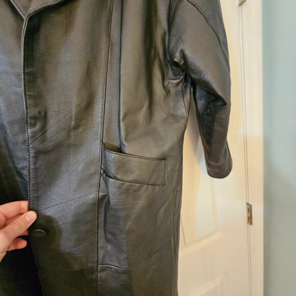 VTG MED Classic Laura Winston Black Leather Women's Button Up Long Trench Coat - Picture 8 of 16